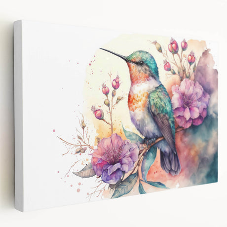 Vibrant stretched canvas wall art showcasing a colorful hummingbird design, perfect for enhancing home decor with a touch of nature's beauty.