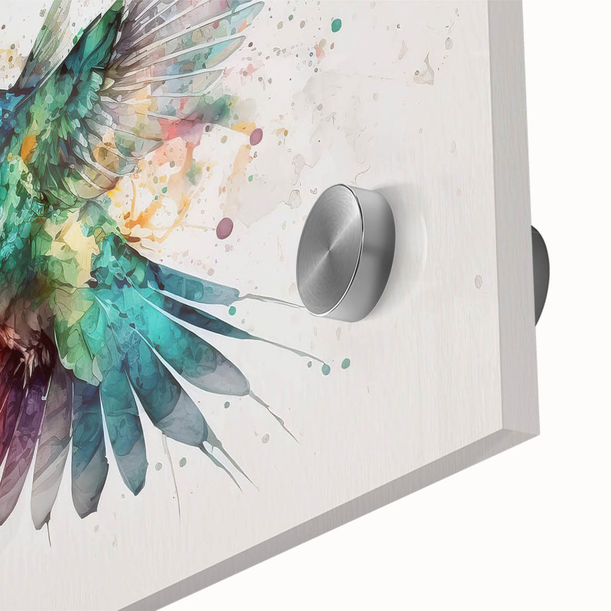 Close-up of a vibrant hummingbird wall art design on acrylic glass, showcasing intricate details and vivid colors, perfect for nature enthusiasts and modern decor.