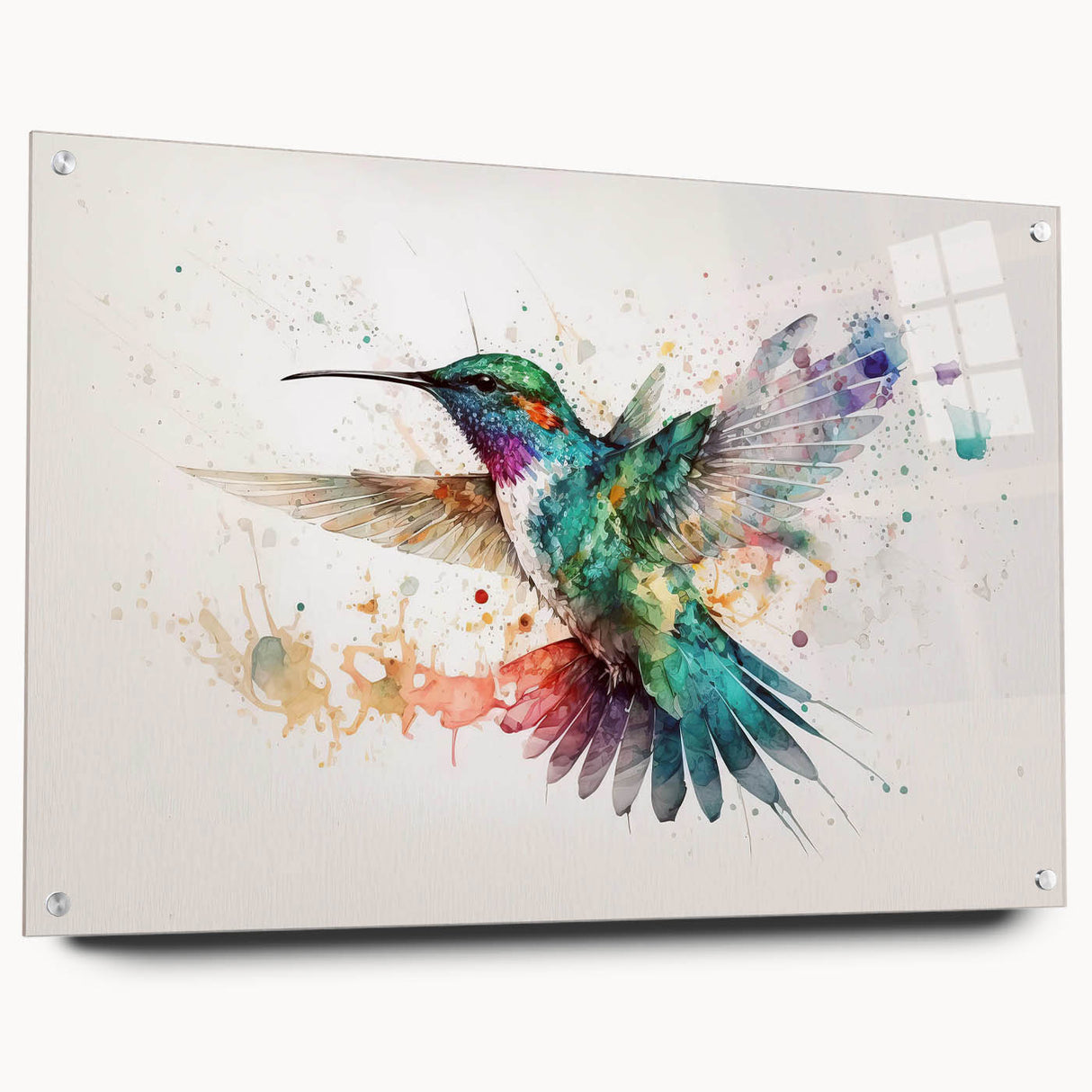 Vibrant wall art design featuring a hummingbird, displayed from the side view with decorative pins, crafted on acrylic glass for a modern aesthetic.