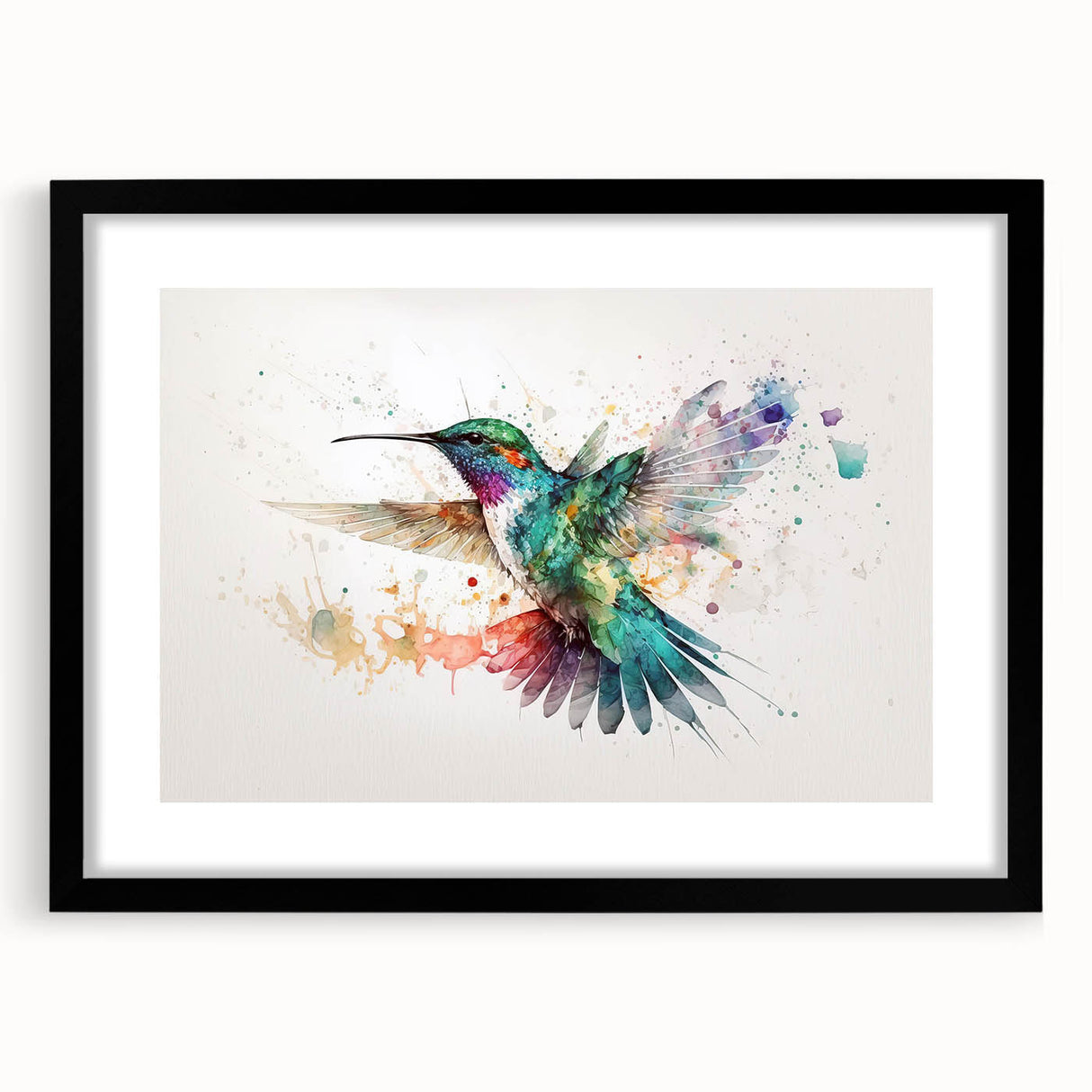 Framed wall art collection featuring a vibrant hummingbird design on a black mat, ideal for enhancing modern decor with a touch of nature-inspired elegance.