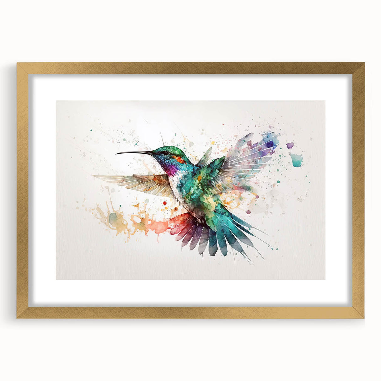 Elegant gold-framed wall art showcasing a vibrant hummingbird design with intricate details, perfect for enhancing home decor. Ideal for bird lovers and art enthusiasts.
