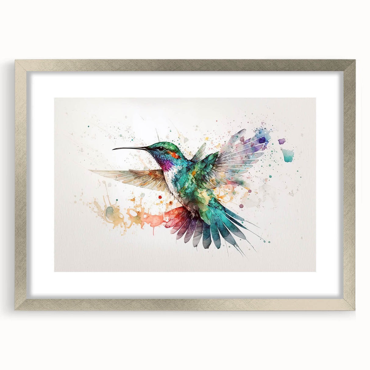 Framed hummingbird wall art collection in silver, showcasing vibrant colors and intricate details, perfect for adding elegance to home decor. Ideal for nature lovers.