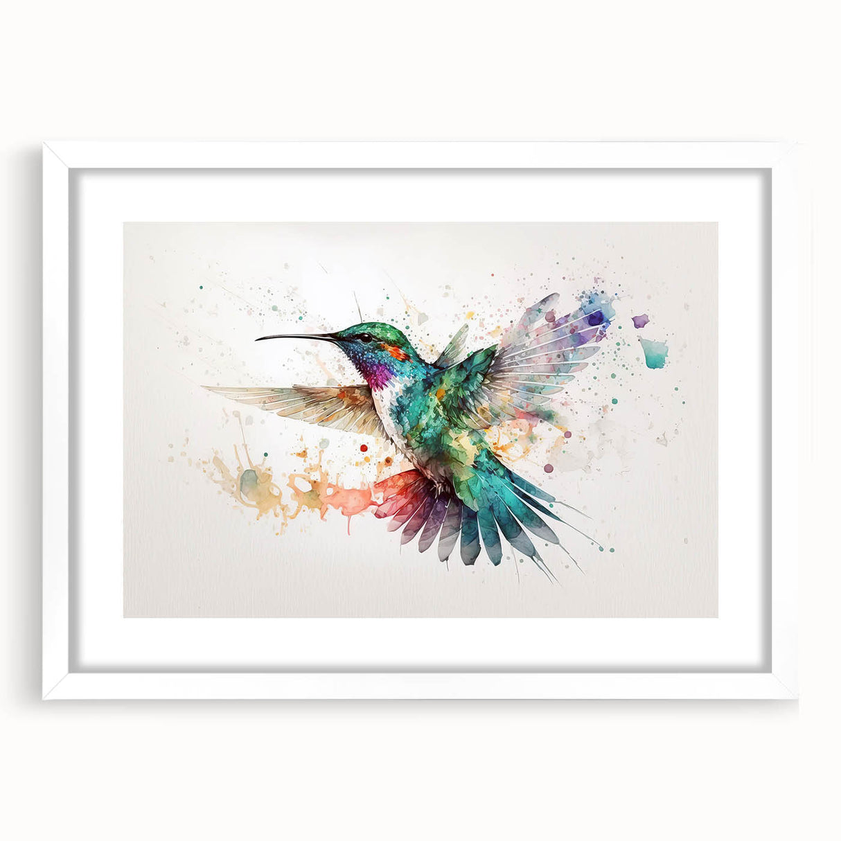 Framed hummingbird wall art collection featuring vibrant colors and intricate designs, displayed with a white mat and sleek frame, enhancing any decor.