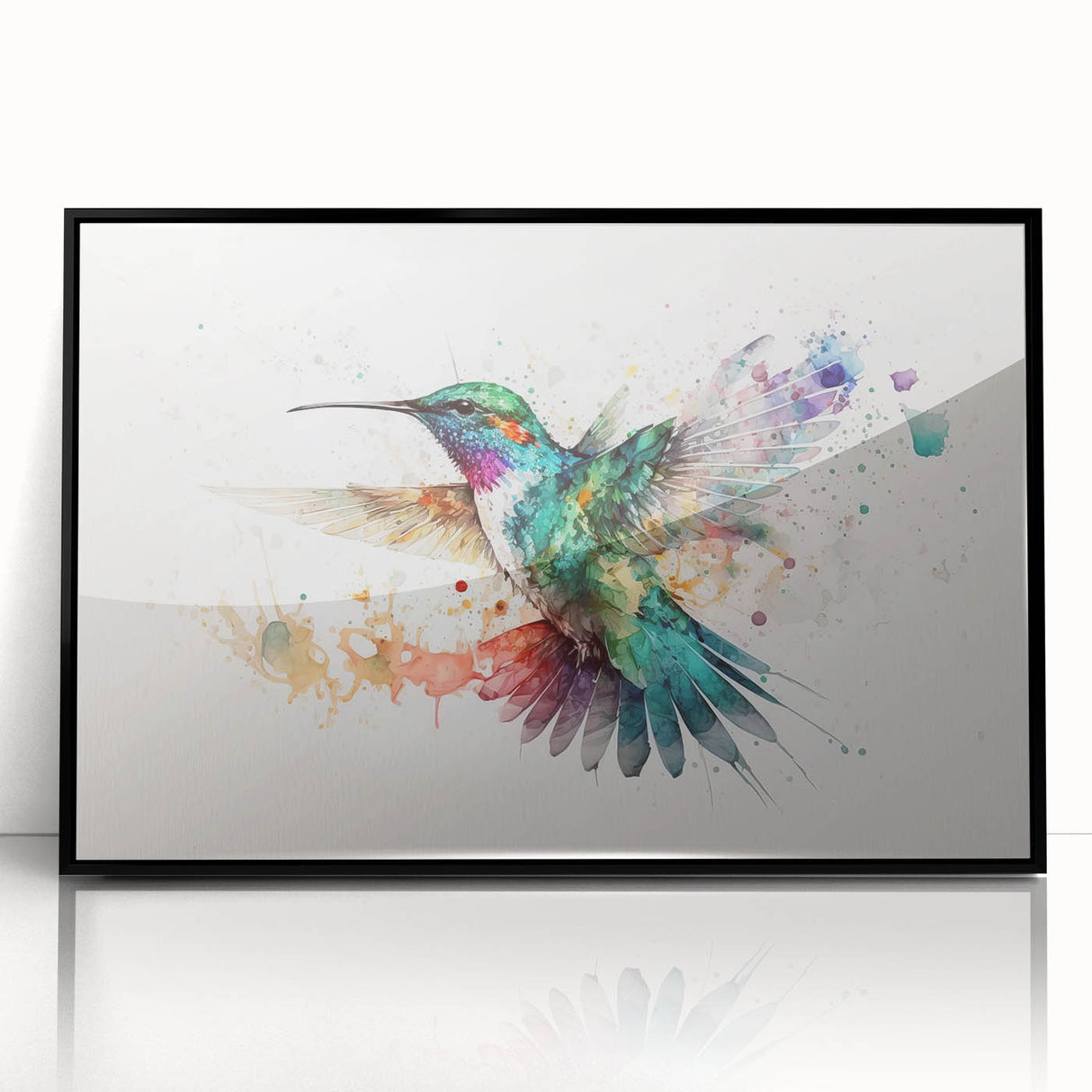 Framed wall art featuring a vibrant hummingbird design in acrylic, showcasing intricate details and a sleek black frame, perfect for nature-themed decor.