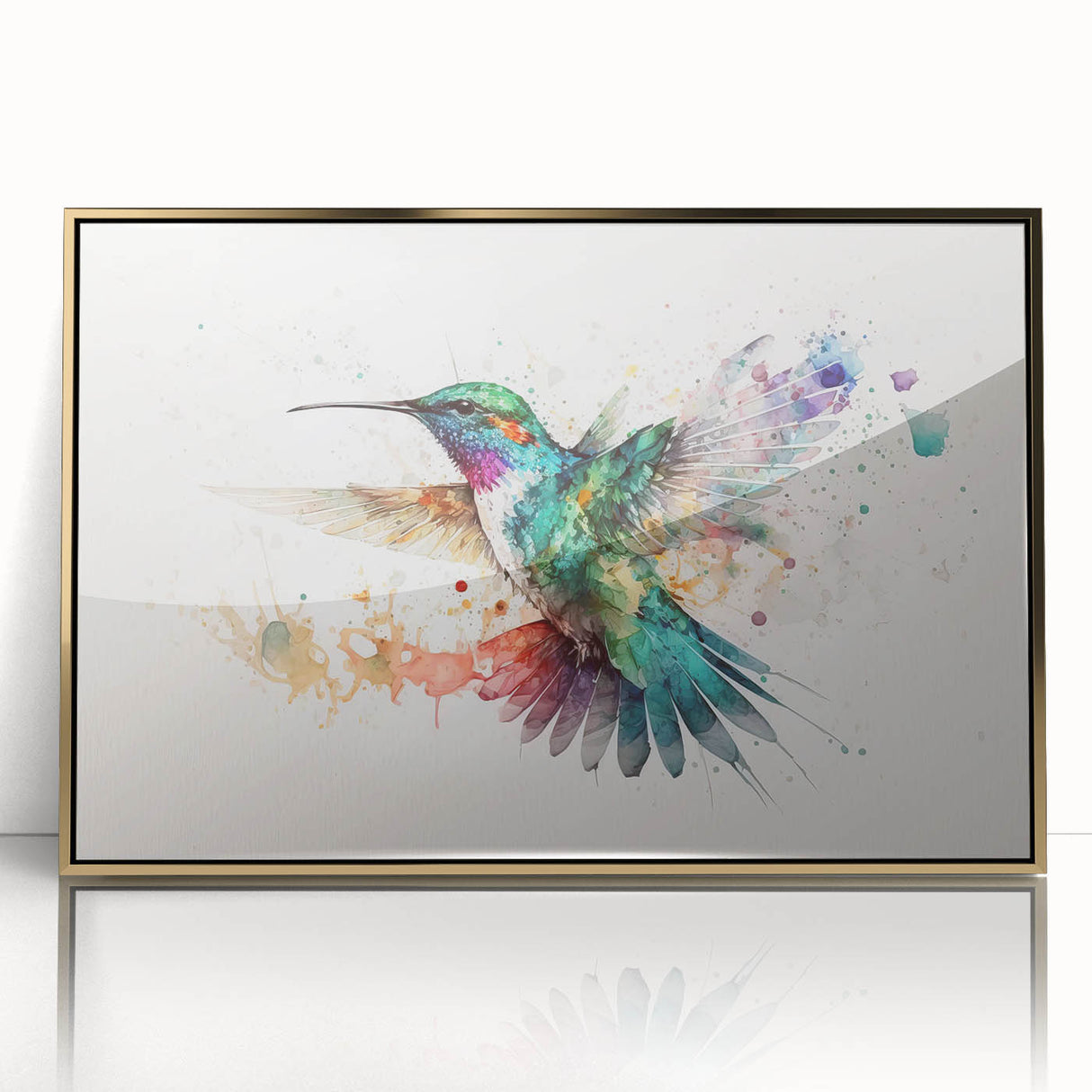 Framed wall art featuring a vibrant hummingbird design with a gold-acrylic finish, ideal for adding a touch of elegance to home decor. Perfect for bird lovers and nature enthusiasts, this piece captures the beauty of wildlife in a stylish frame.