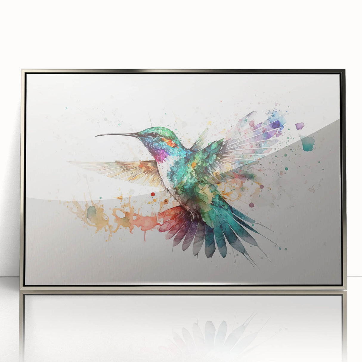 Framed wall art featuring a vibrant hummingbird design, displayed in a sleek silver frame, ideal for enhancing modern home decor and adding a touch of nature-inspired elegance.