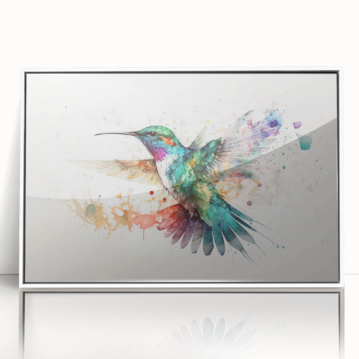 Framed acrylic wall art featuring a vibrant hummingbird design in a white frame, perfect for adding color and nature-inspired decor to any room.