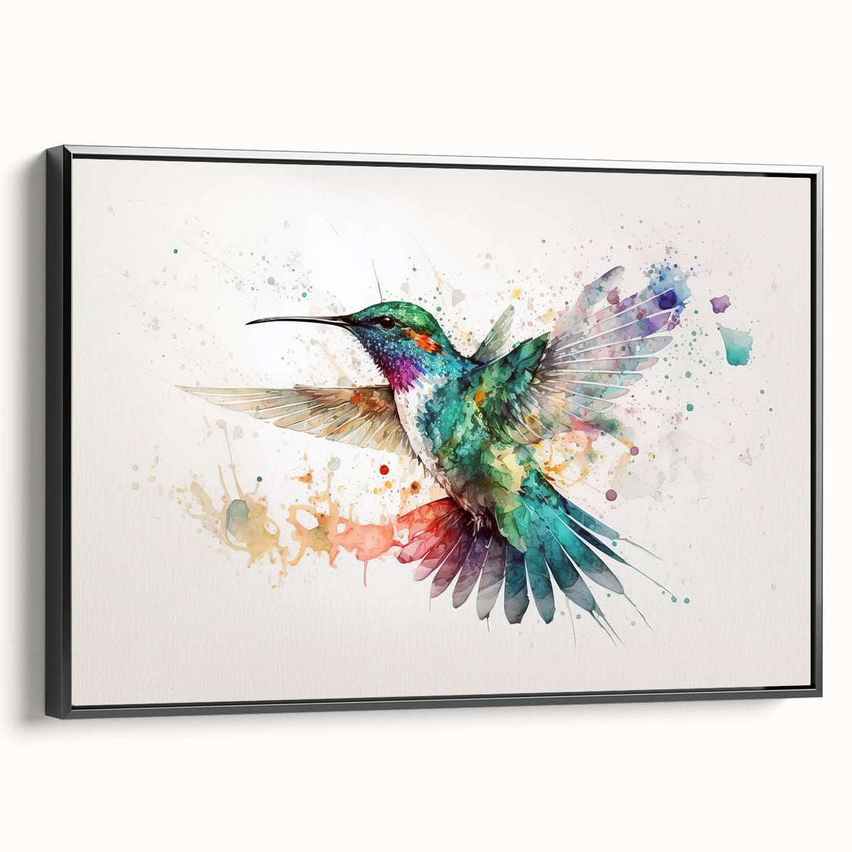 Framed canvas wall art featuring a vibrant hummingbird design, showcasing rich colors on a black background, ideal for enhancing home decor with a nature theme.