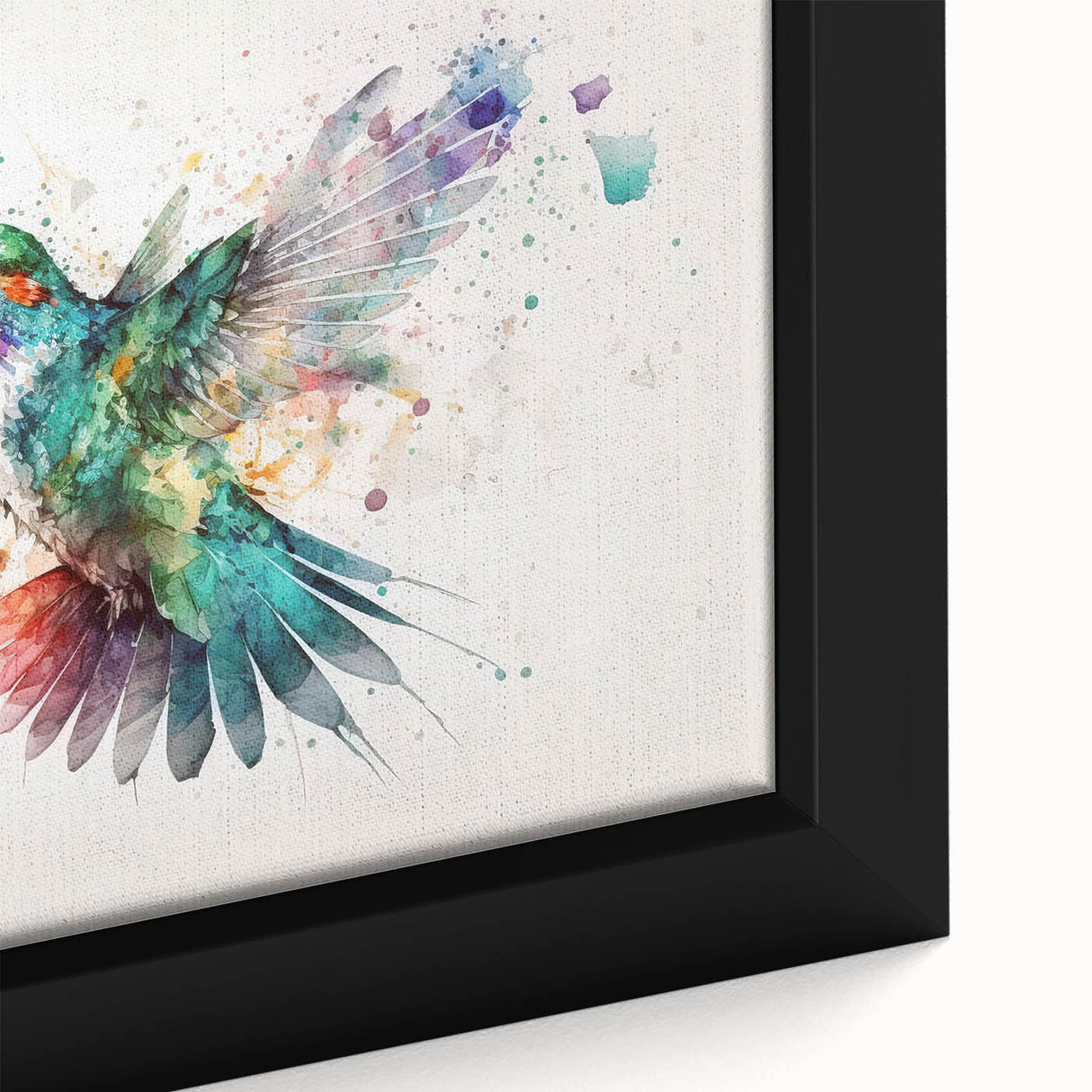 Close-up of a vibrant hummingbird design on framed canvas wall art, showcasing intricate details and vivid colors, perfect for nature enthusiasts and home decor.