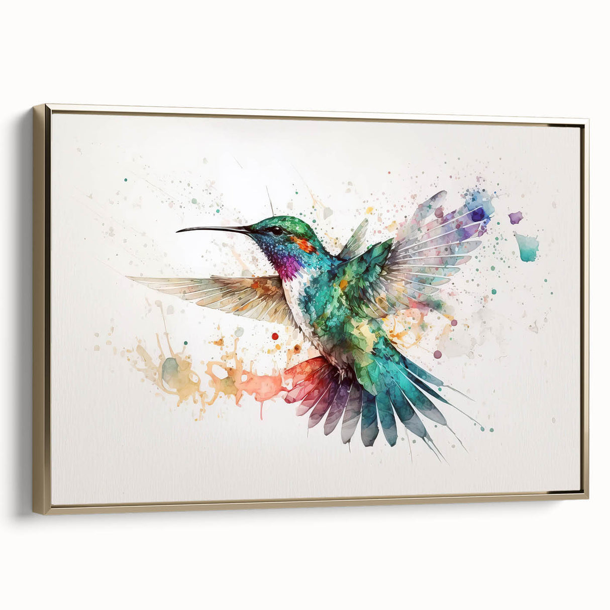 Framed wall art showcasing a vibrant hummingbird design on canvas, featuring gold accents and a side view perspective, perfect for enhancing modern decor.