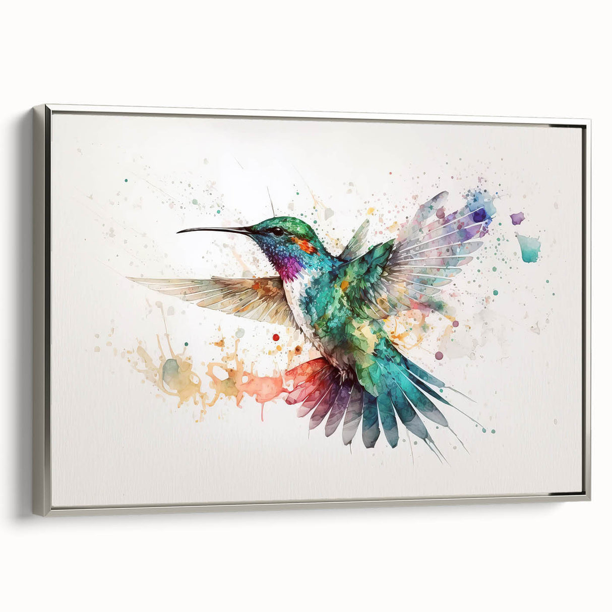 Framed canvas wall art featuring a vibrant hummingbird design in silver frame, showcasing intricate details and colors, perfect for enhancing living spaces.