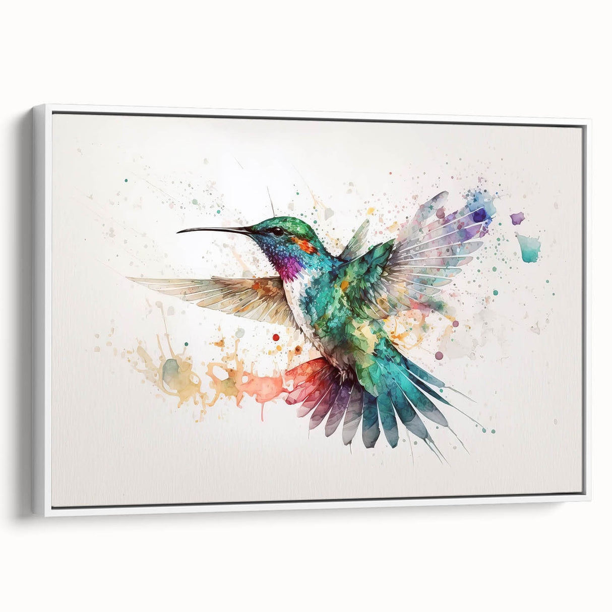Framed wall art featuring a vibrant hummingbird design on a white canvas, showcasing intricate details and colors, perfect for enhancing home decor.