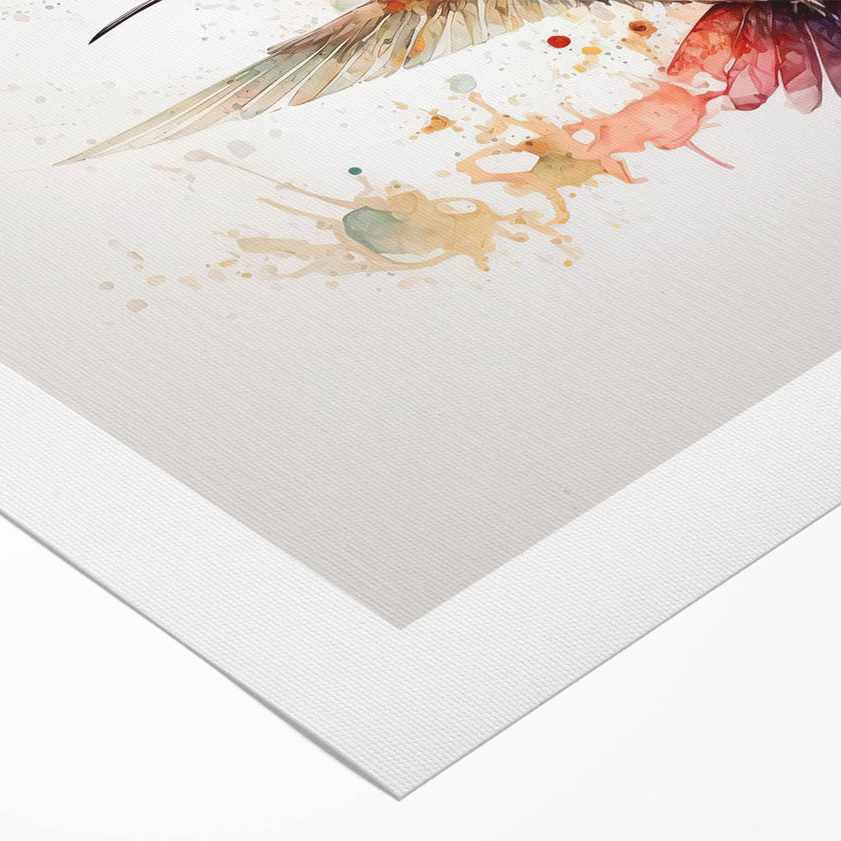 Colorful rolled canvas depicting a vibrant hummingbird design with intricate details and a textured surface, ideal for enhancing home decor or artistic spaces.