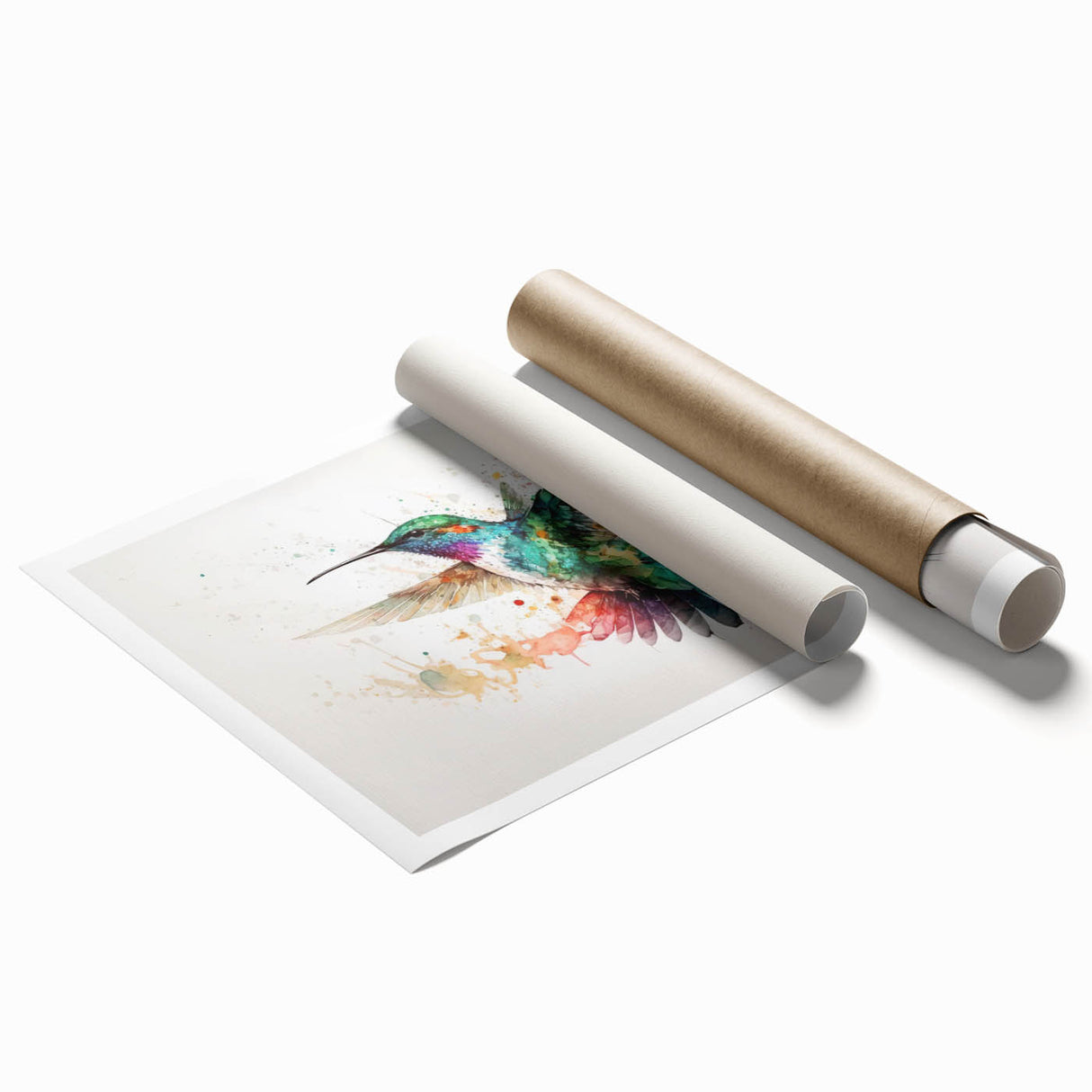 Vibrant rolled print of a hummingbird design showcasing intricate details and bright colors, ideal for home decor or art collection display.