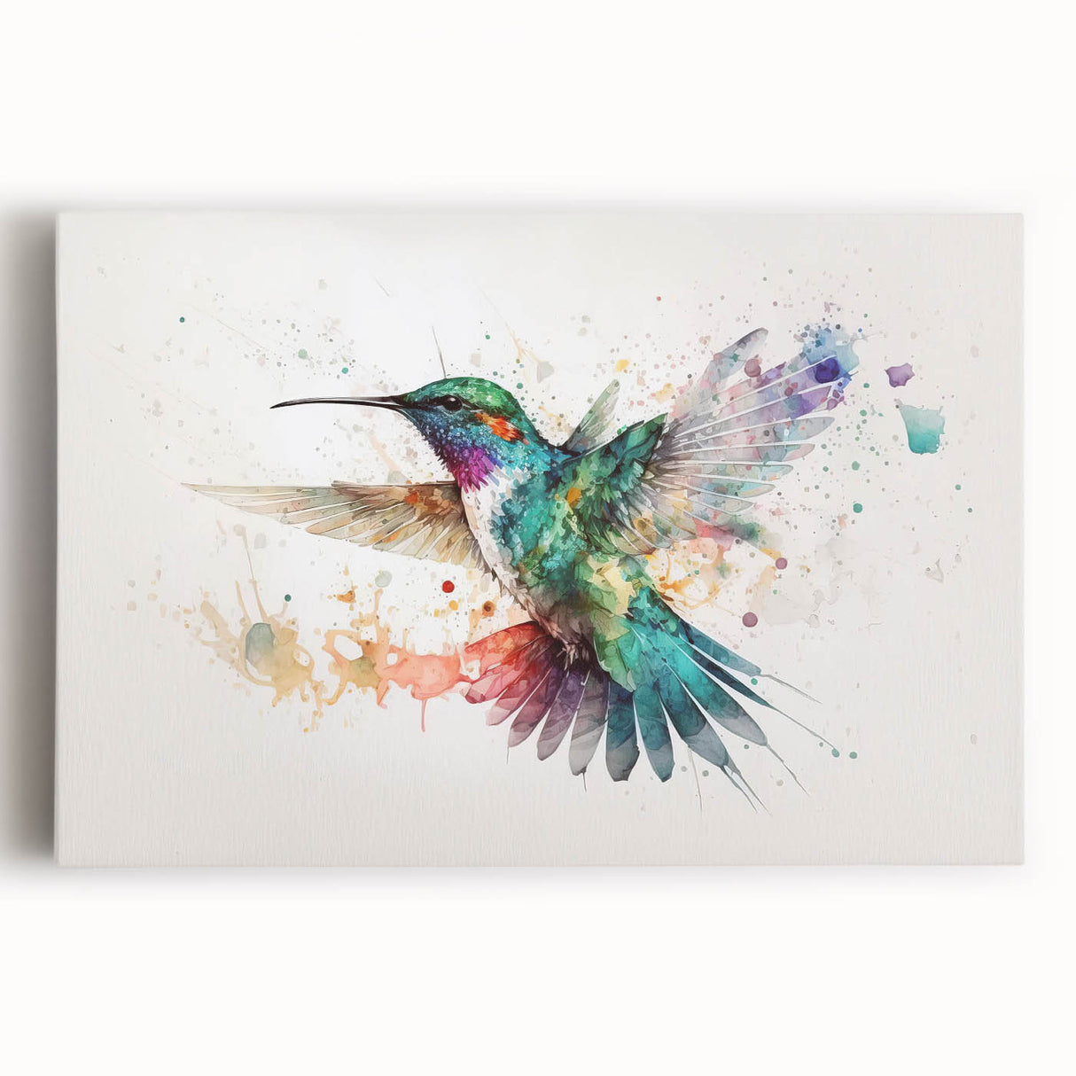 Vibrant stretched canvas wall art showcasing a colorful hummingbird design with intricate details, perfect for adding a touch of nature to home decor.
