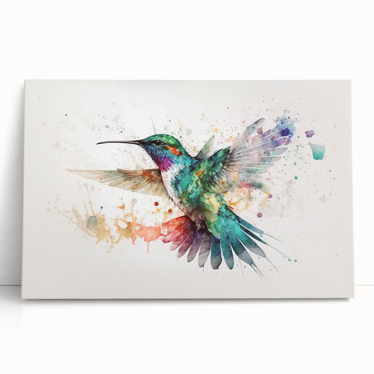 Colorful hummingbird wall art collection displayed on a stretched canvas, showcasing vibrant hues and intricate details in a cozy interior setting. Perfect for nature lovers and home decor enthusiasts.