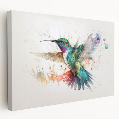 Stretched canvas wall art featuring a vibrant hummingbird design in a colorful floral setting, ideal for home decor or nature-inspired spaces.