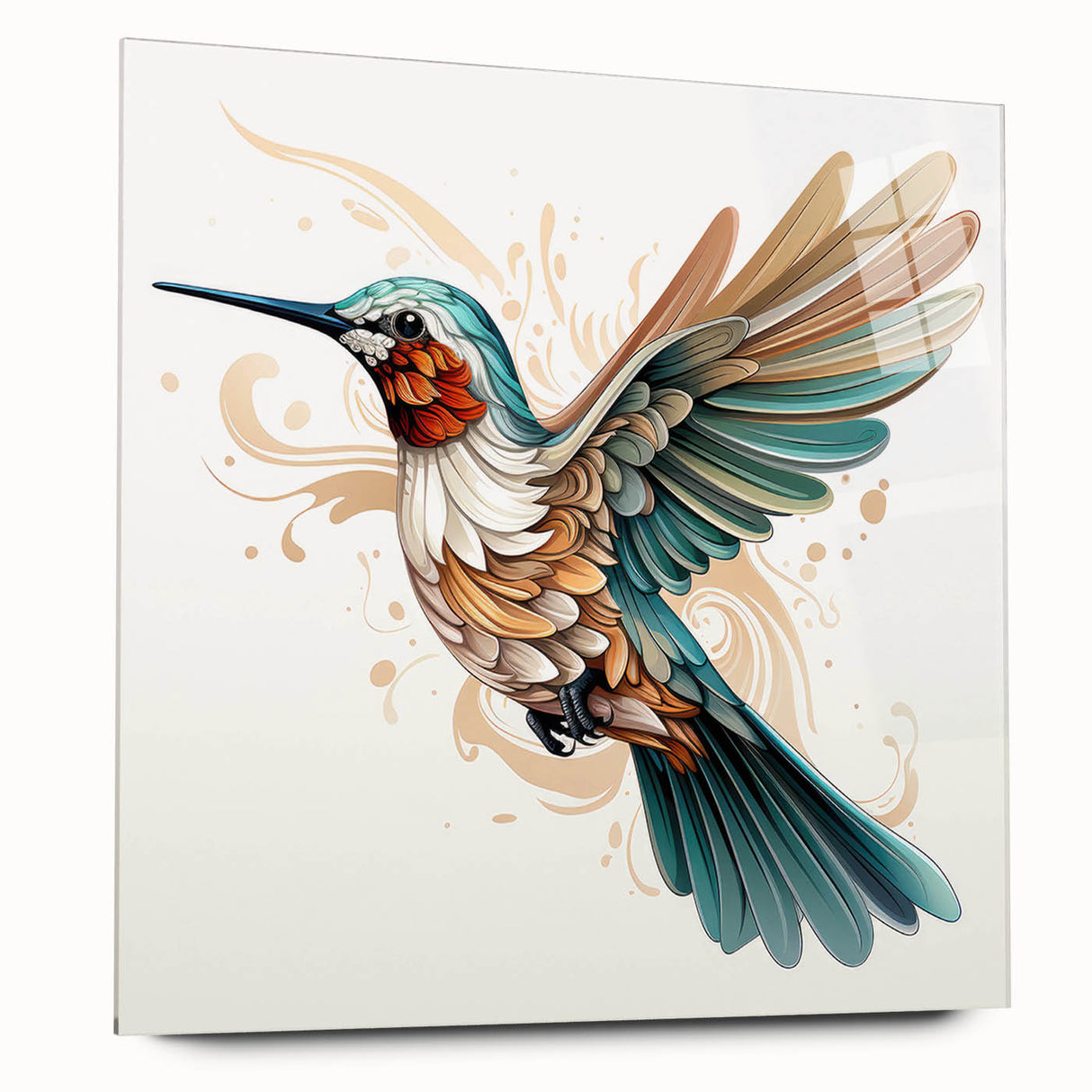 Vibrant acrylic wall art showcasing a detailed hummingbird design, elegantly displayed in a sleek glass frame, perfect for enhancing any modern decor.