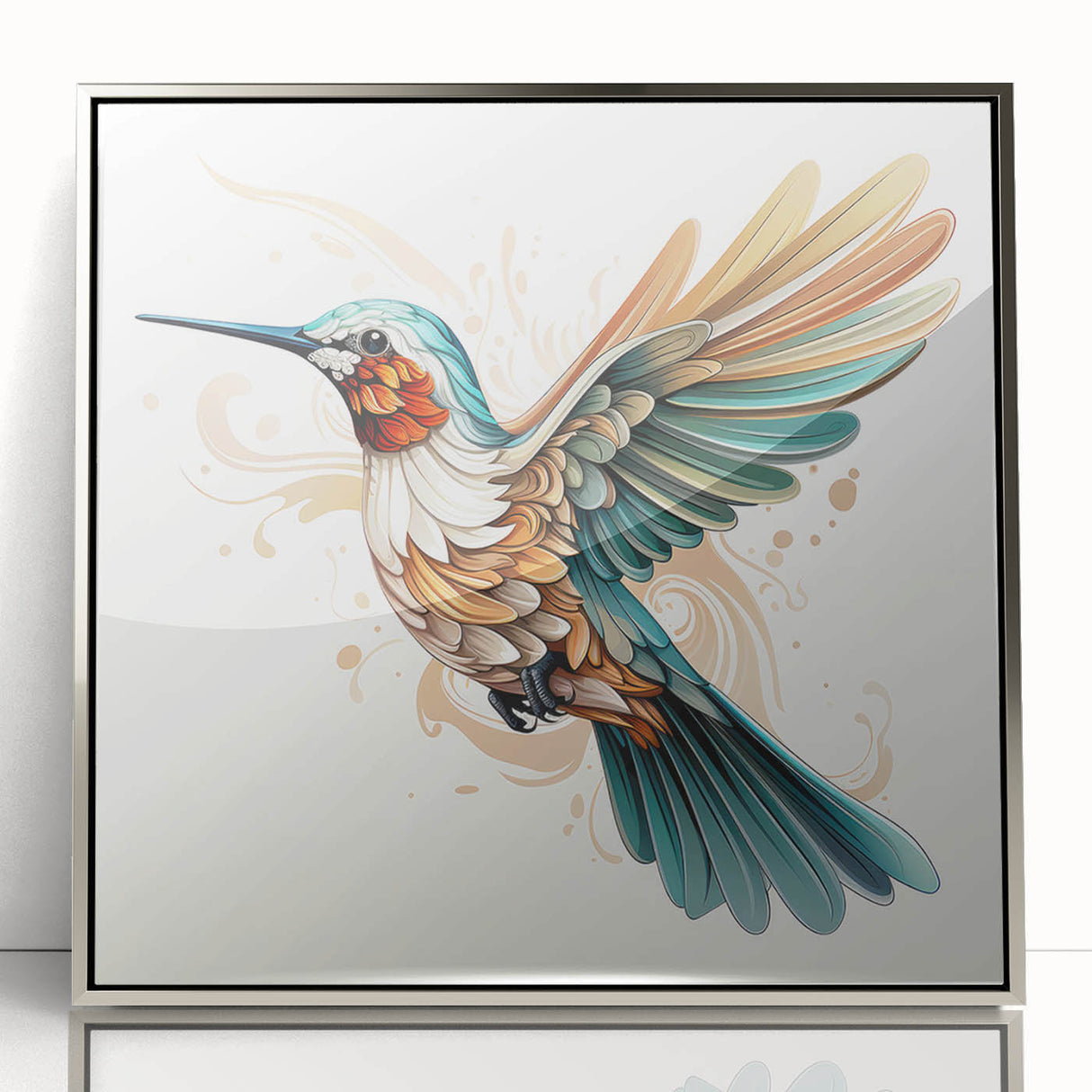 Framed acrylic wall art featuring a vibrant hummingbird design in silver tones, showcasing intricate details and a modern aesthetic for home decor. Perfect for nature lovers.