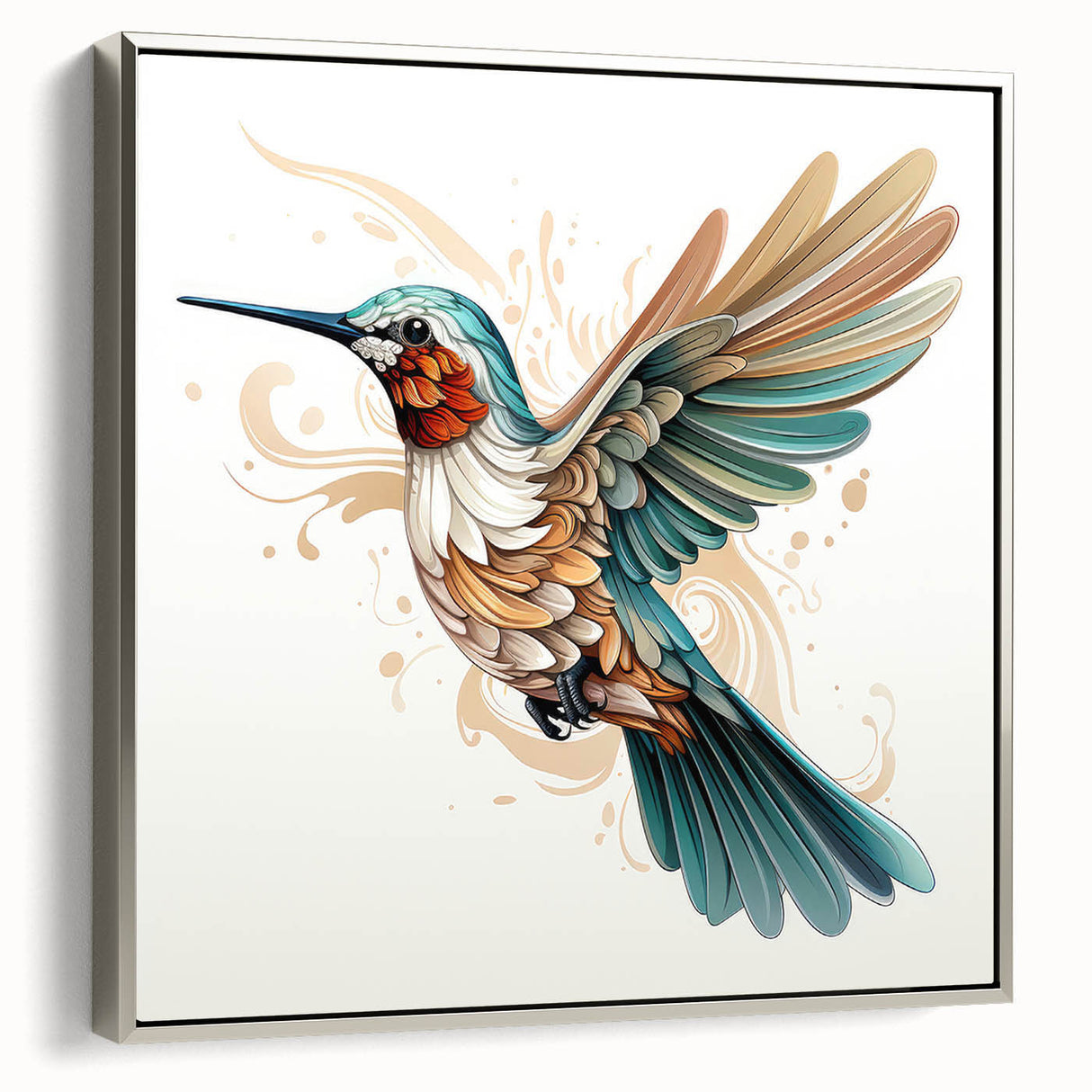 Framed canvas wall art featuring a vibrant hummingbird design in silver tones, showcasing intricate details and elegant presentation, ideal for home decor.
