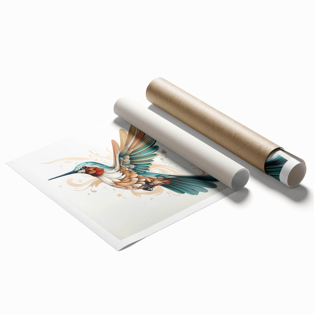 Vibrant rolled print showcasing a detailed hummingbird design, featuring rich colors and intricate patterns, ideal for enhancing home decor with nature-inspired art.