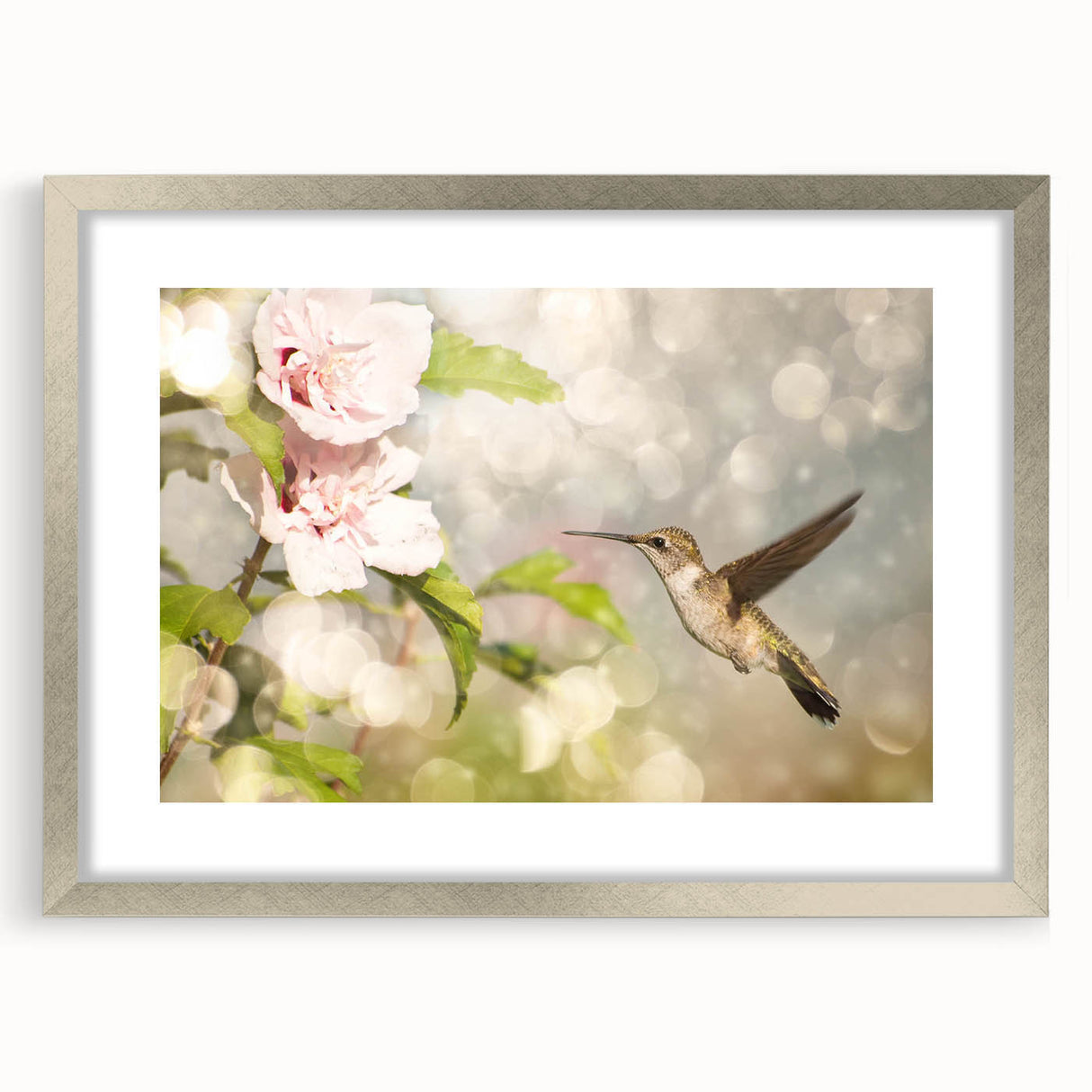 Framed wall art featuring a vibrant hummingbird design in silver frame with matting, ideal for adding a touch of nature-themed decor to any space.