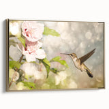 Framed canvas wall art showcasing a vibrant hummingbird design with gold accents, perfect for adding a touch of elegance to modern home decor.