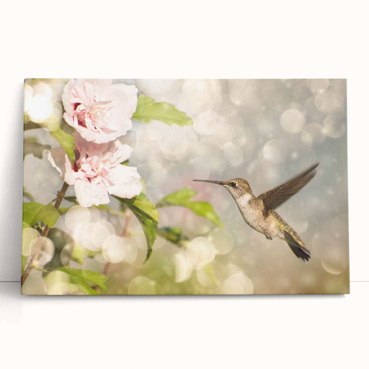 Vibrant stretched canvas wall art featuring a colorful hummingbird design, ideal for home decor, showcasing intricate details and vivid colors against a neutral background.