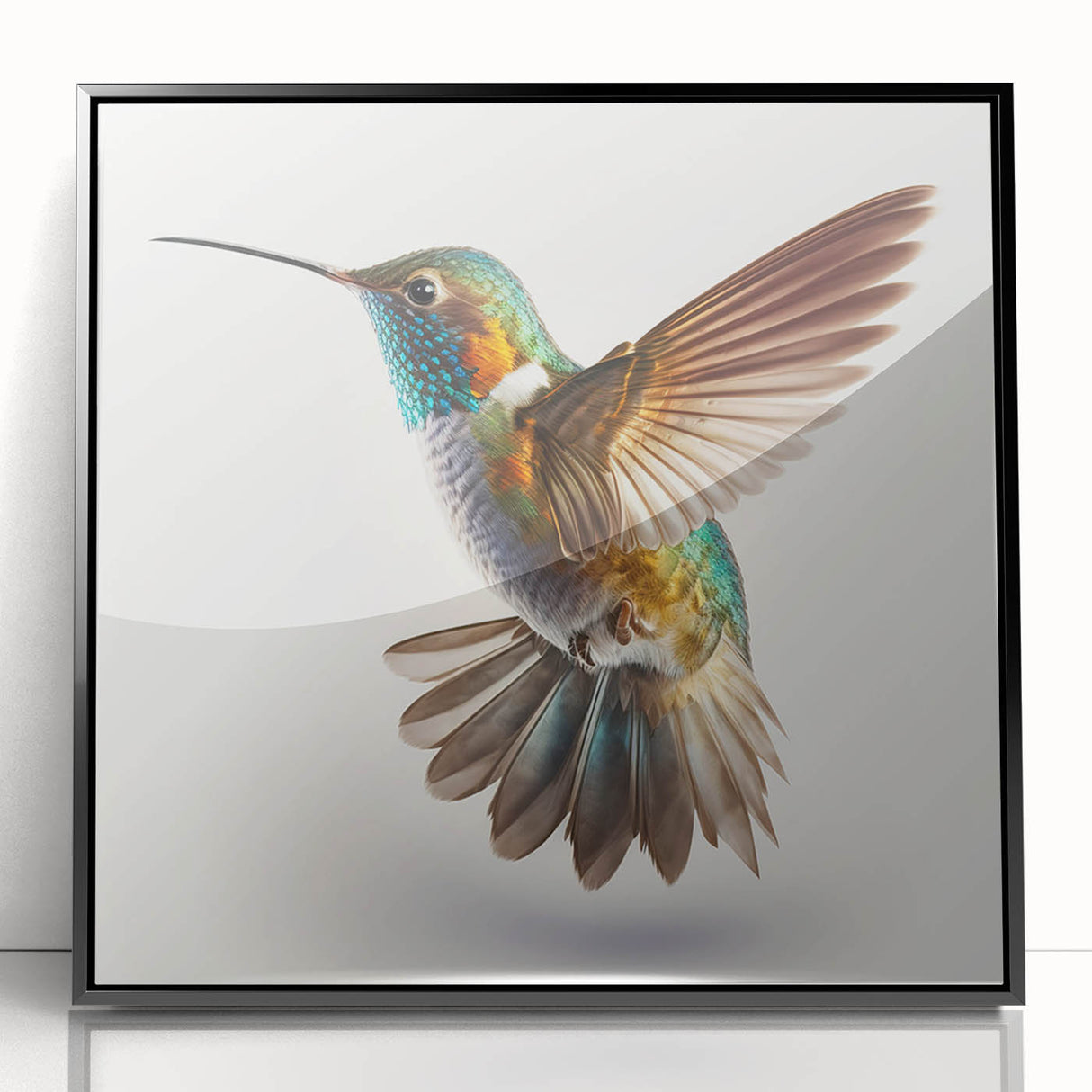 Framed acrylic wall art showcasing an elegant hummingbird design with vibrant colors, set against a sleek black frame, perfect for modern home decor.