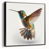 Framed canvas wall art featuring a vibrant hummingbird design in rich colors, displayed from a black side view, perfect for adding a touch of nature to home decor.