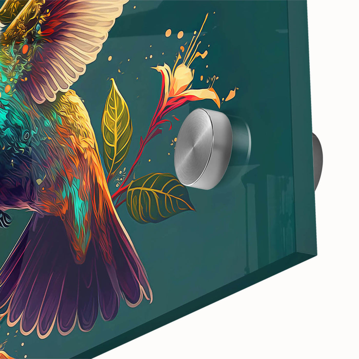 Close-up of vibrant hummingbird wall art design printed on acrylic glass, showcasing intricate colors and details, perfect for enhancing any modern decor.