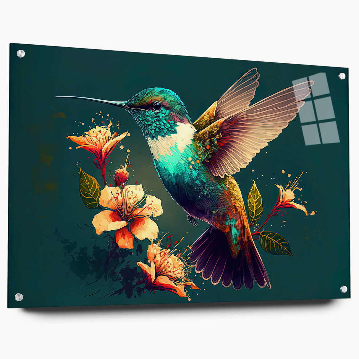 Vibrant hummingbird wall art design displayed in a sleek acrylic frame, showcasing colorful birds in flight with elegant pins for easy hanging. Ideal for adding a touch of nature-themed decor to any space.