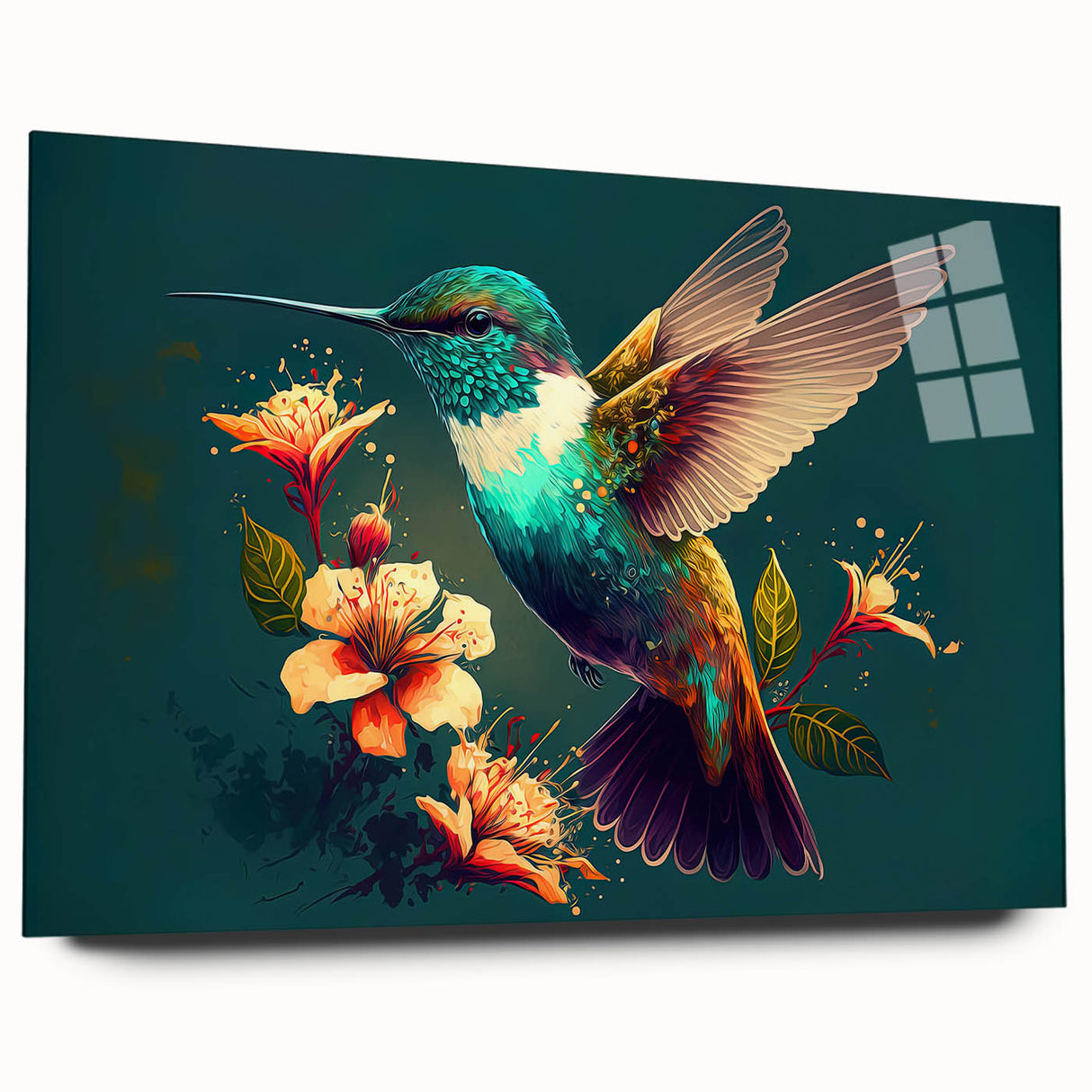 Colorful hummingbird wall art design displayed in a sleek acrylic glass frame, showcasing intricate details and vibrant colors, perfect for home decor.