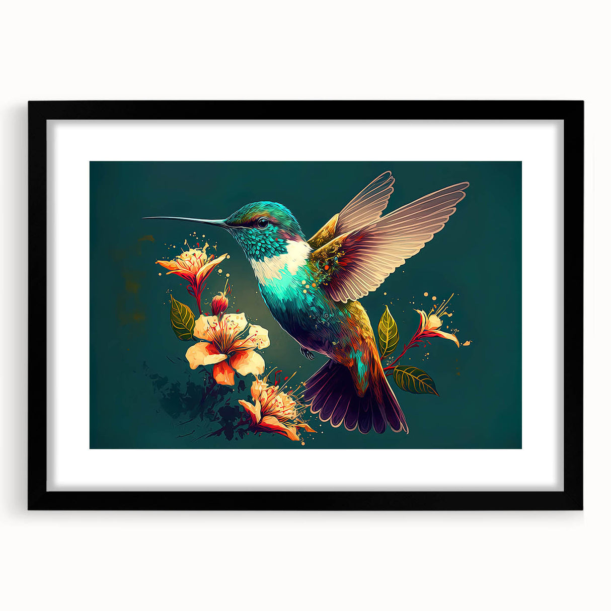 Hummingbird wall art collection framed in black, showcasing vibrant colors and intricate designs, perfect for nature lovers and modern decor enthusiasts.