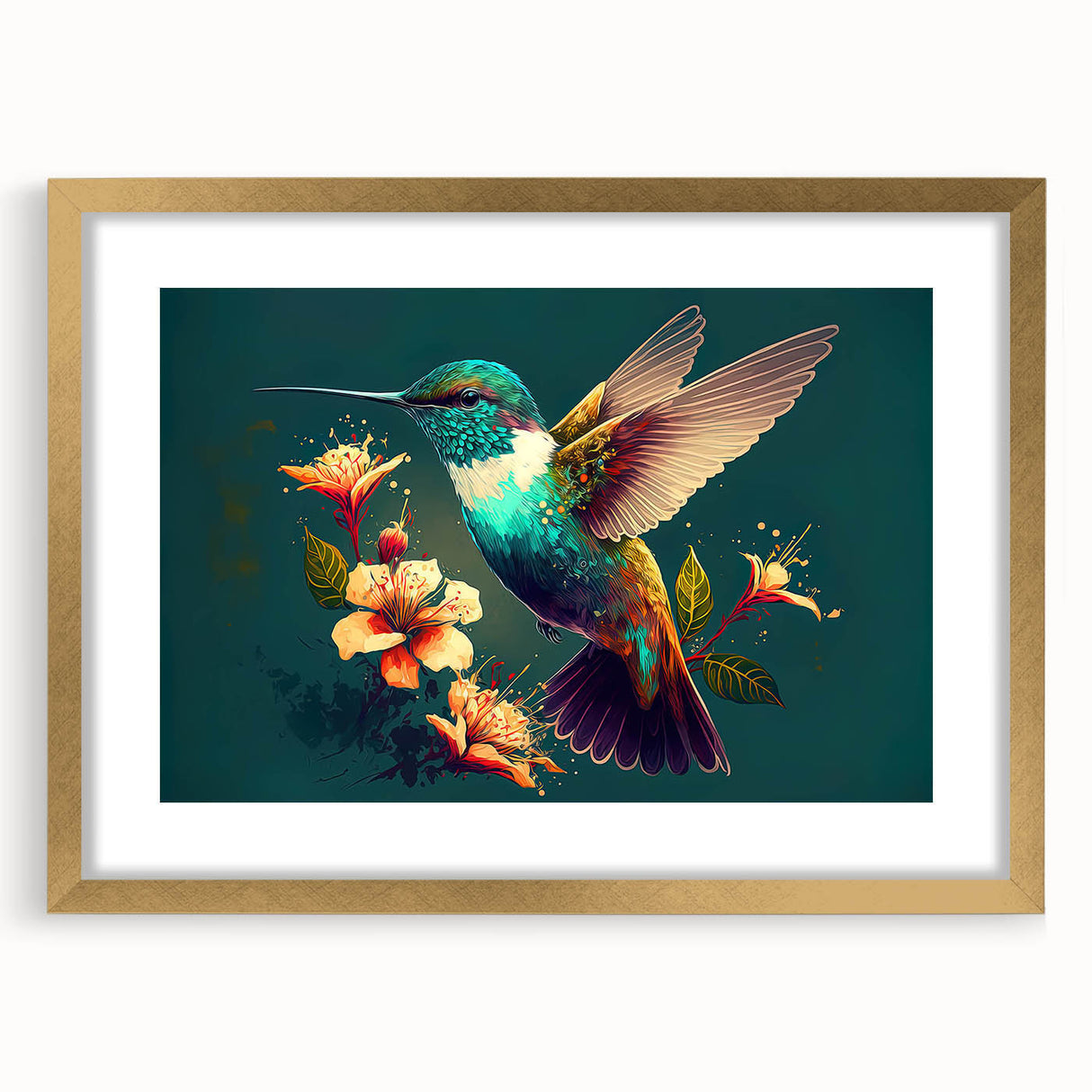 Elegant wall art featuring a gold-framed hummingbird design, showcasing vibrant colors and intricate details, perfect for enhancing home decor with nature-inspired elegance. Ideal for bird lovers and art enthusiasts seeking a stylish touch.