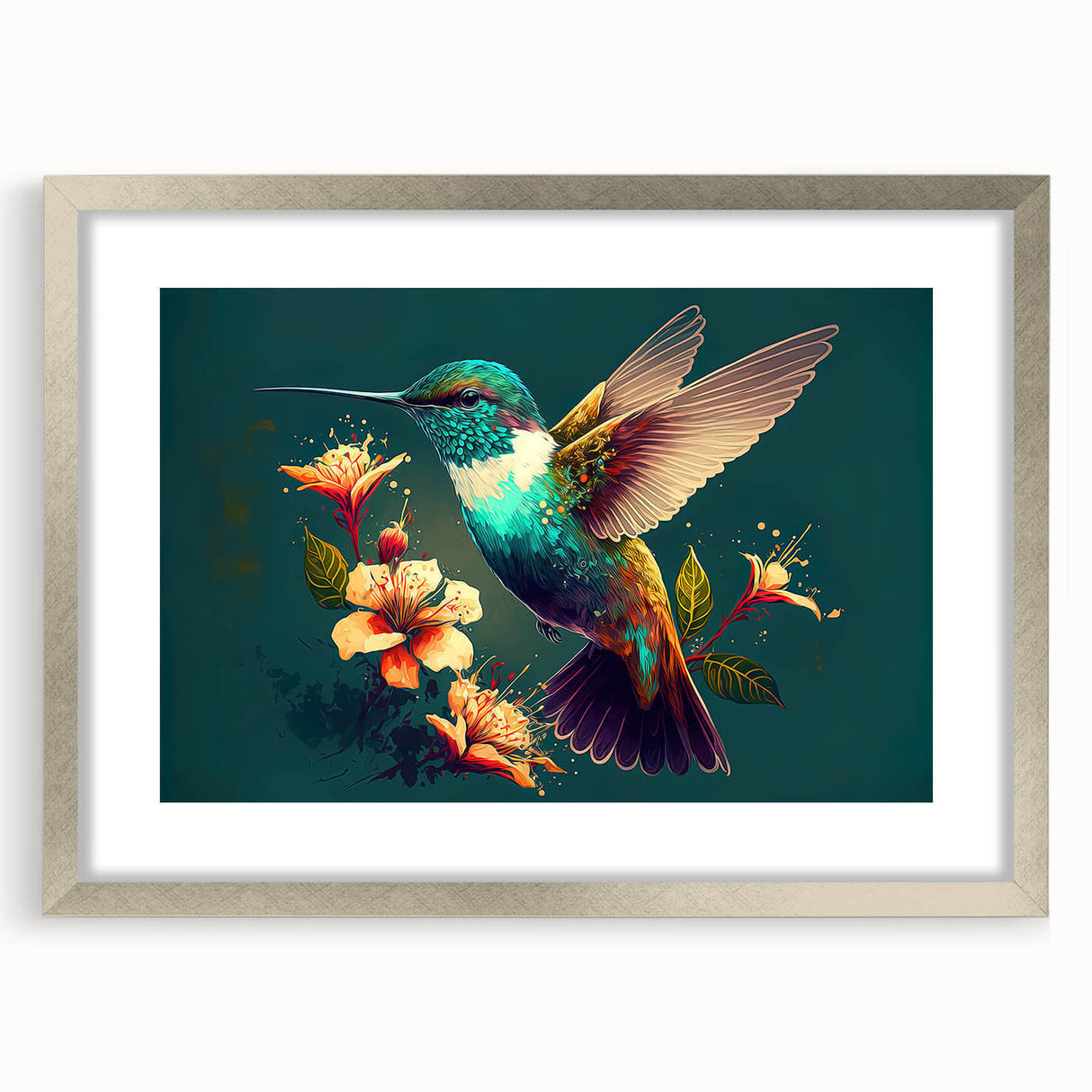 Framed wall art featuring a colorful hummingbird design, elegantly displayed with a silver frame and matting, perfect for adding a vibrant touch to home decor.