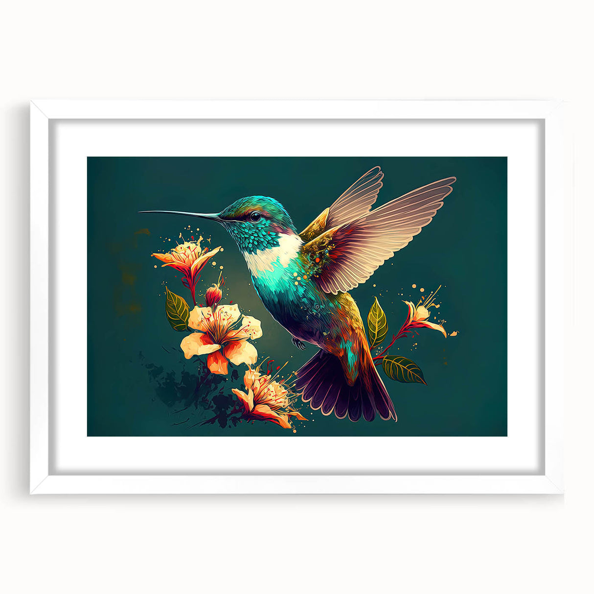 Hummingbird-themed wall art collection showcasing vibrant colors, framed in white with a mat, perfect for adding nature-inspired decor to any space.