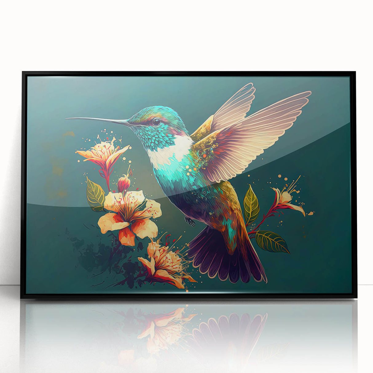 Framed wall art featuring a vibrant hummingbird design in blue and green tones, displayed in a sleek black frame, perfect for adding a touch of nature to any decor.