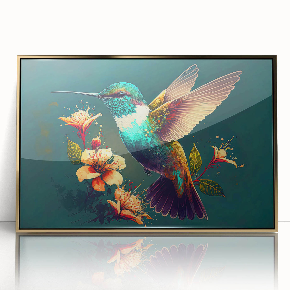 Framed wall art featuring a vibrant hummingbird design in gold-acrylic finish, showcasing intricate details against a sleek backdrop, perfect for home decor.