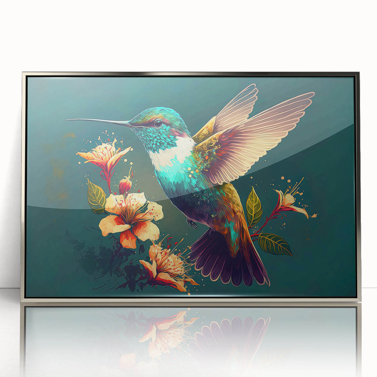 Framed hummingbird wall art collection in silver, showcasing vibrant colors and intricate details, perfect for adding a touch of nature-inspired elegance to any space.