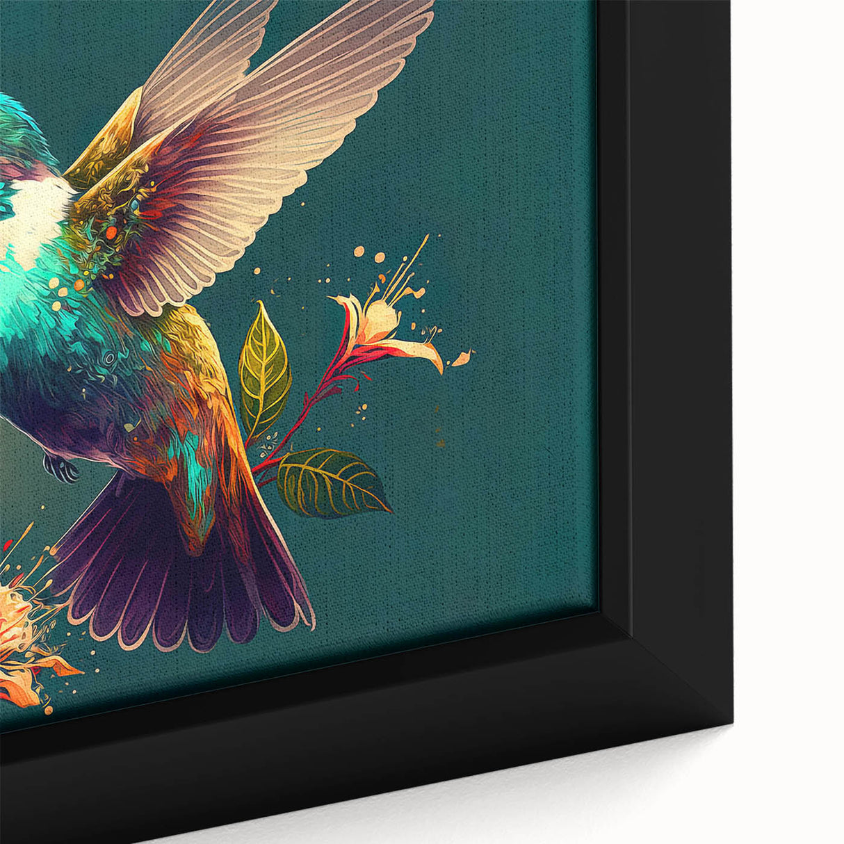 Close-up of a framed canvas featuring a vibrant hummingbird design in a lush floral setting, showcasing intricate details and bold colors, perfect for nature lovers.