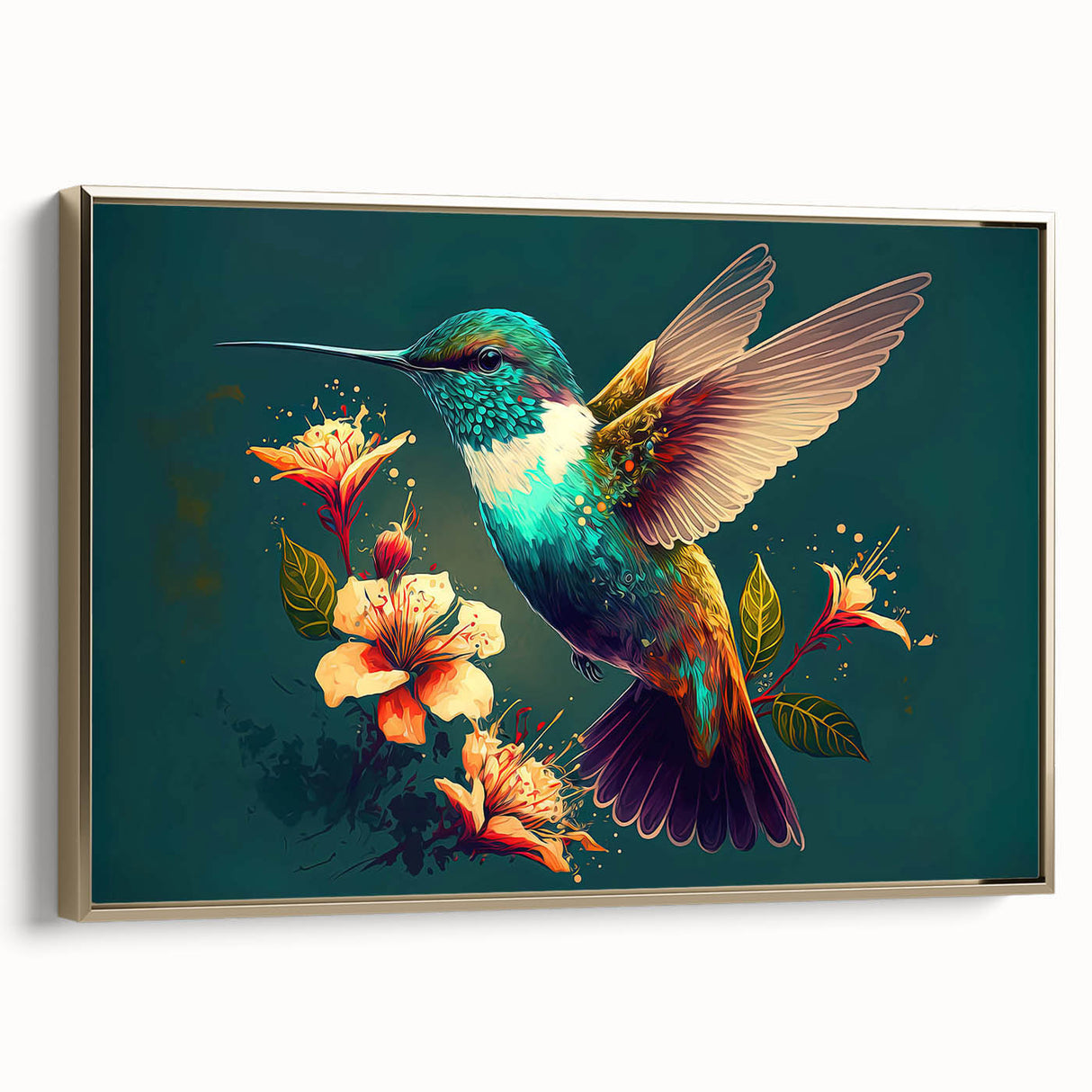 Framed canvas wall art featuring a vibrant hummingbird design, elegantly showcased with a gold frame, ideal for adding color and style to home decor.