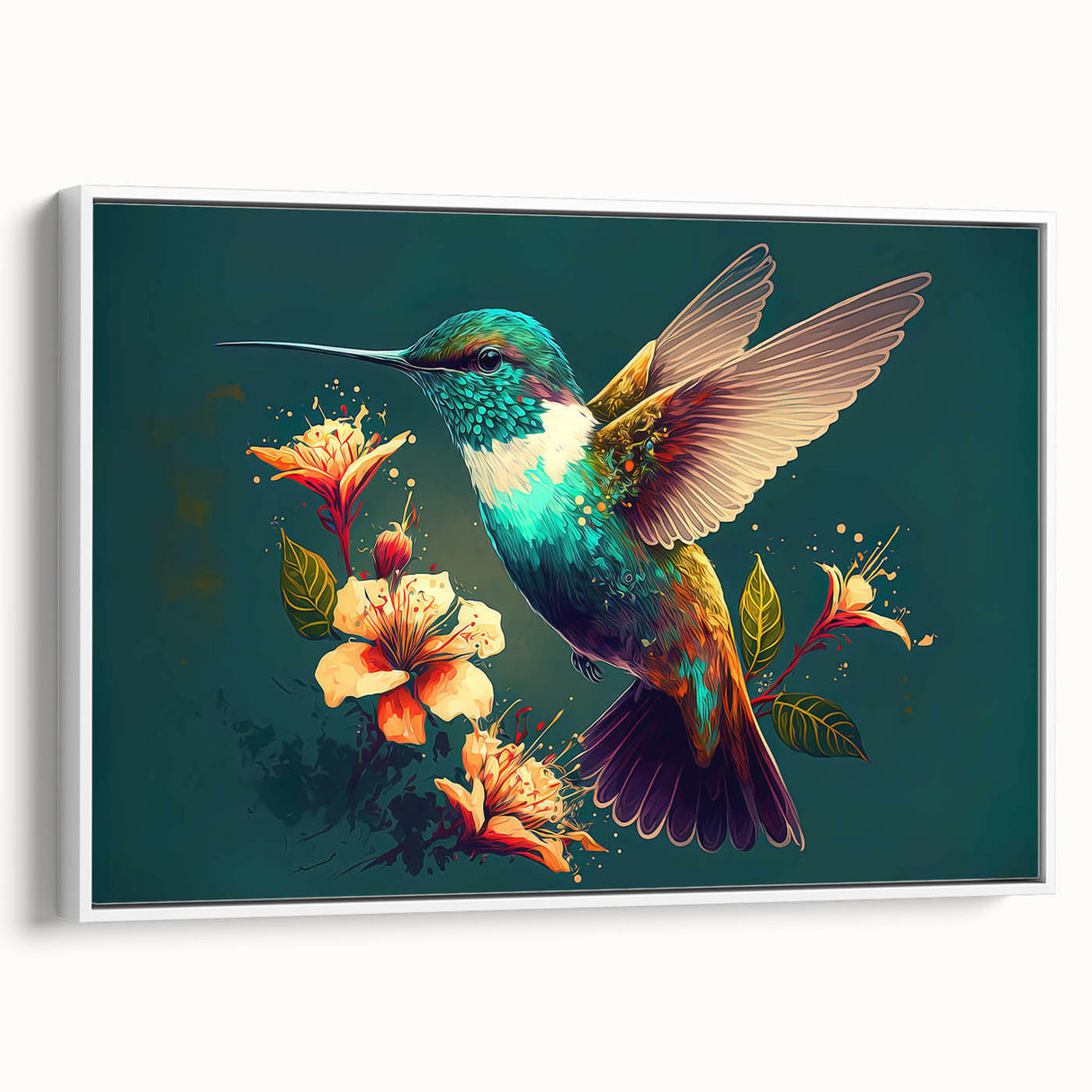 Framed wall art featuring a vibrant hummingbird design on a textured canvas, showcasing colorful details against a white background, perfect for nature lovers' decor.