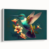 Framed wall art featuring a vibrant hummingbird design on a textured canvas, showcasing colorful details against a white background, perfect for nature lovers' decor.