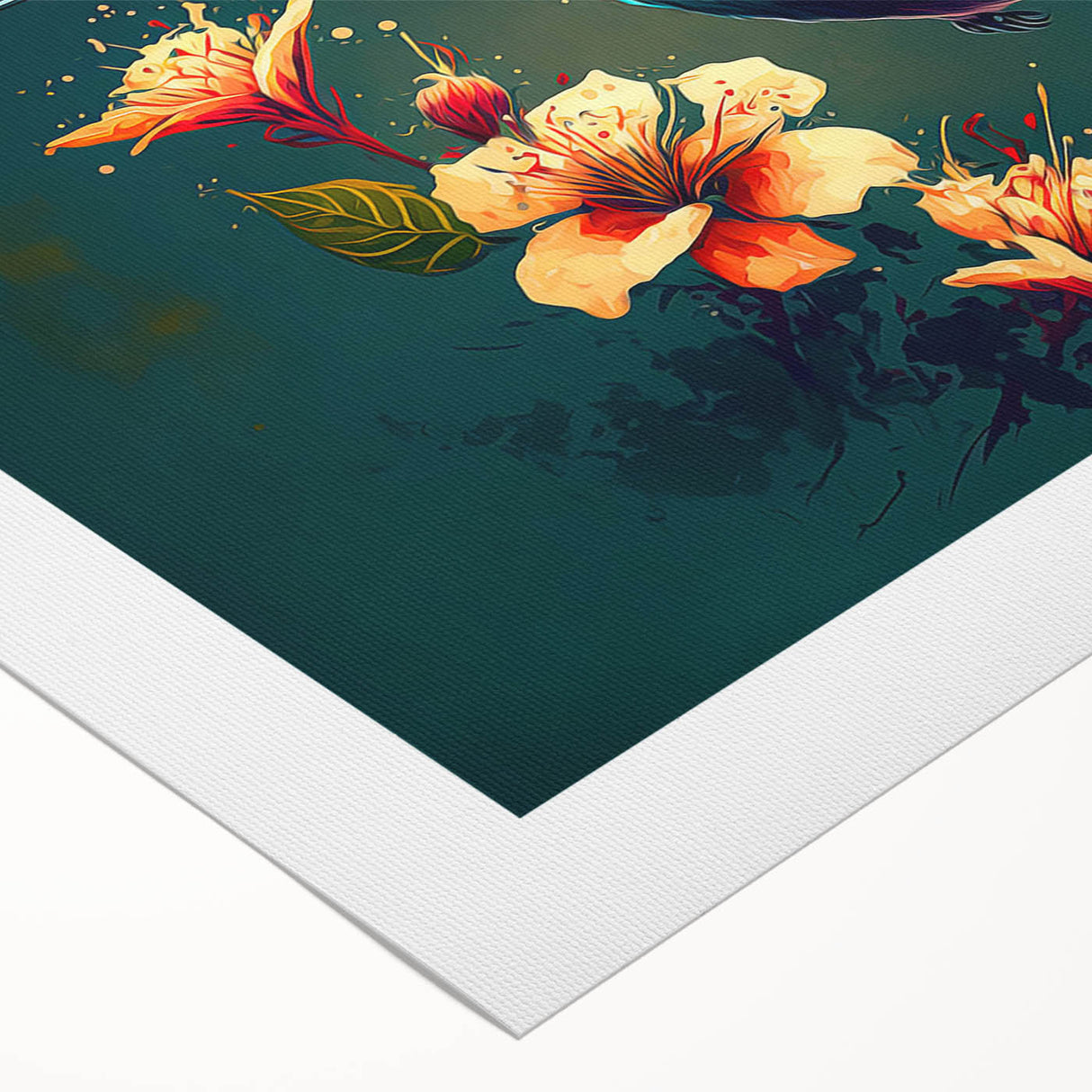 Colorful hummingbird wall art design on rolled canvas, showcasing vibrant blues, greens, and reds. Perfect for nature lovers seeking unique home decor.