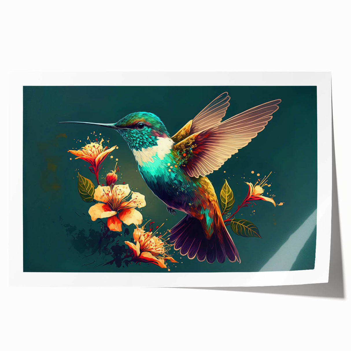 Vibrant rolled print of a colorful hummingbird design, showcasing intricate details and vivid colors, ideal for enhancing home decor and wall art collections.