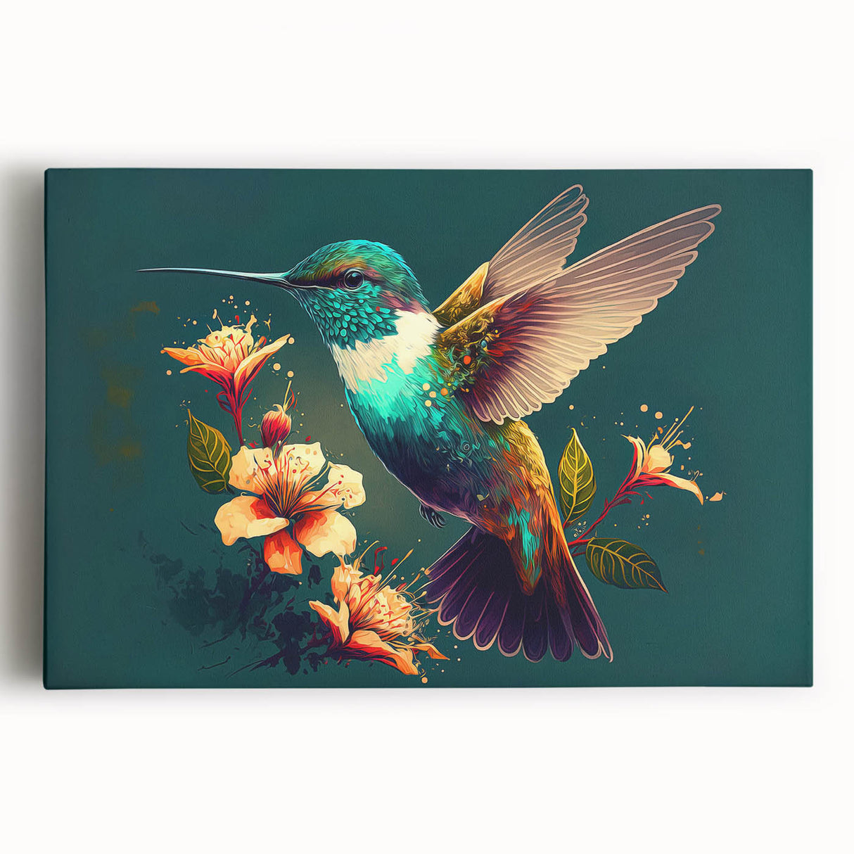 Colorful hummingbird wall art on stretched canvas, showcasing intricate details and vibrant shades of green, blue, and yellow, perfect for nature-themed decor.