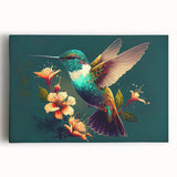 Colorful hummingbird wall art on stretched canvas, showcasing intricate details and vibrant shades of green, blue, and yellow, perfect for nature-themed decor.