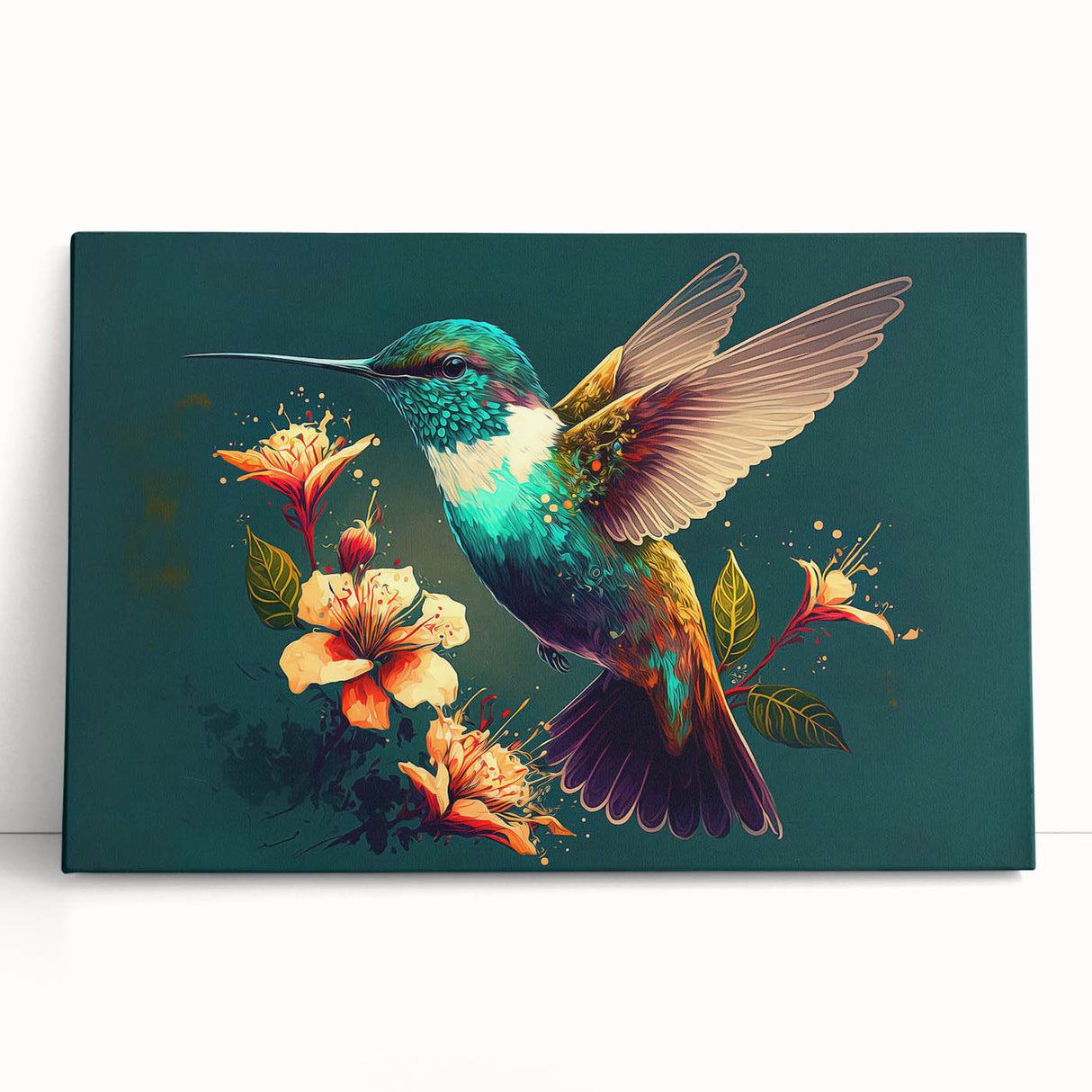 Vibrant hummingbird wall art design on a stretched canvas, showcasing vivid colors and intricate details, perfect for adding a touch of nature to home decor.
