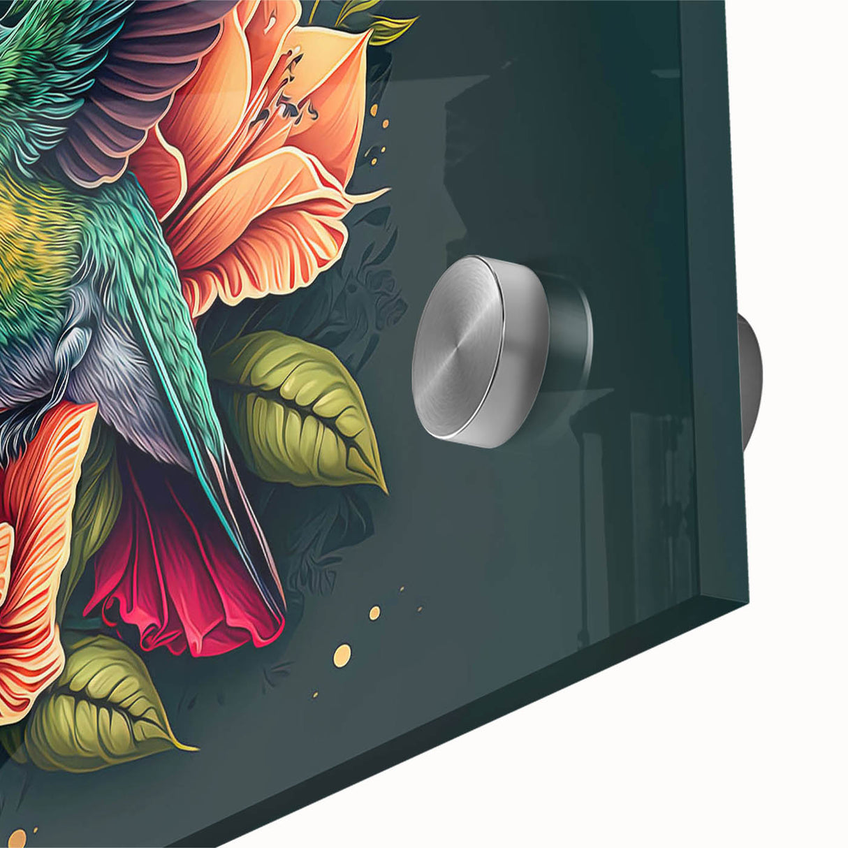 Close-up view of vibrant hummingbird wall art design on acrylic glass, showcasing intricate details and rich colors, ideal for home decor enhancement.